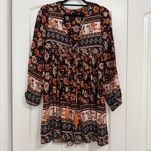 Floral Bohemian Dress - Black and Orange